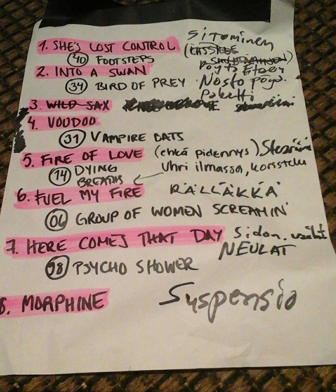 Handwritten Elli Maple and Ismo Laakso performance set list